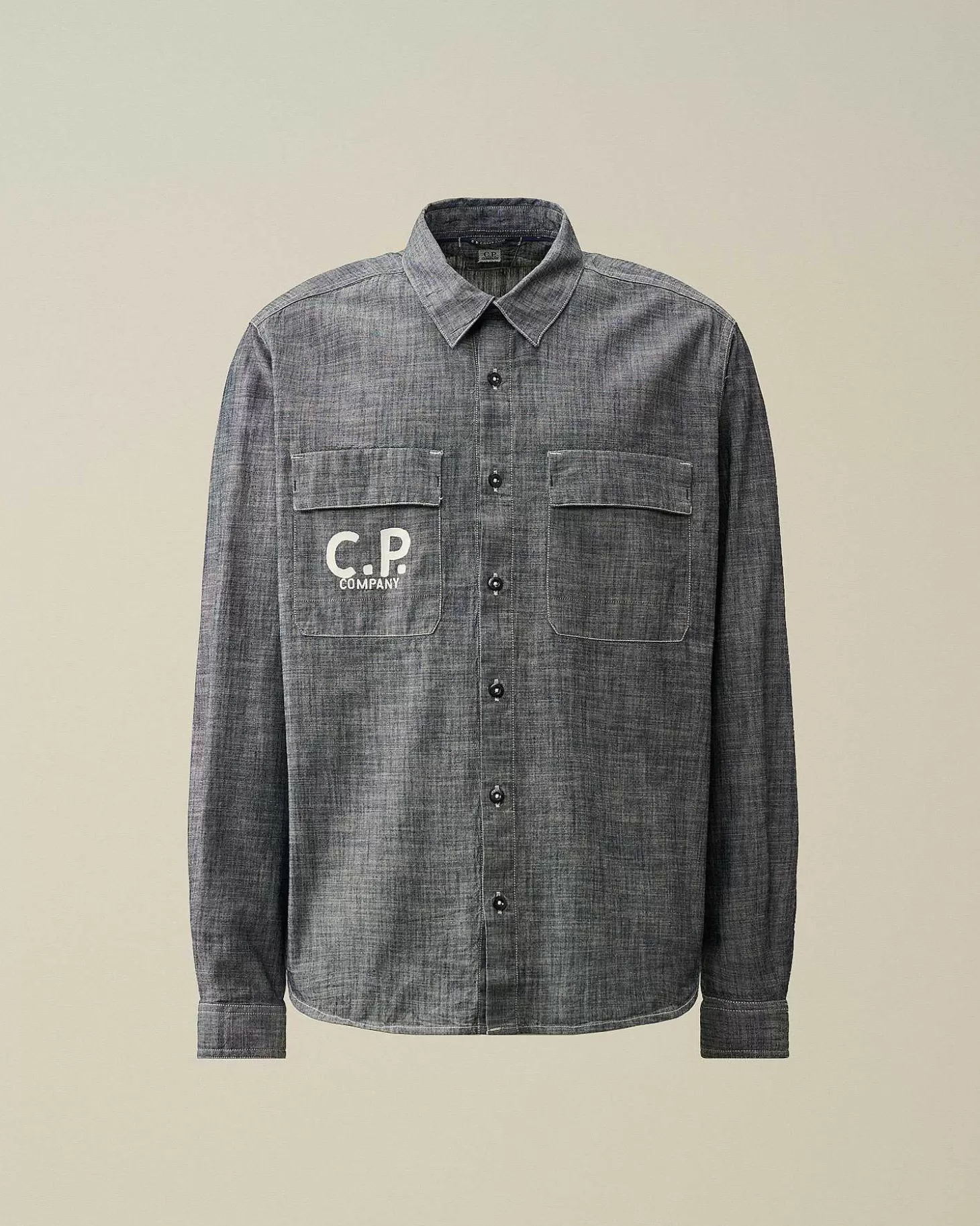 chambray_long_sleeved_logo_shirt_1.webp Homme C.P. Company Chemises^Chambray Long Sleeved Logo Shirt